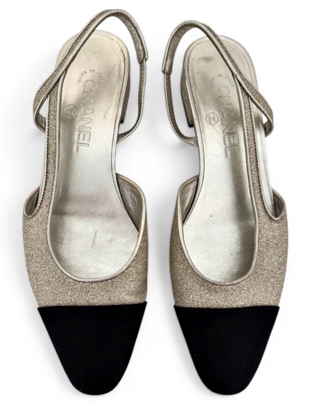 Chanel Metallic Silver Glitter Grosgrain Cap Toe CC Logo Slingback Flat EU 39
